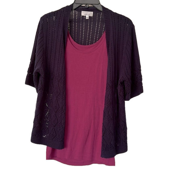 Travel Pointelle Cardigan Sweater Knit Signature Robbie Bee Petite PL Like New - Picture 2 of 11